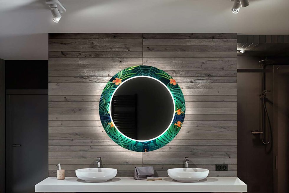 Espejo Redondo Colgante Decorativo Borde Negro 60 x 60 cm con Luz LED, Doble Sensor Táctil, Espejo Led de Baño Redondo Colgar