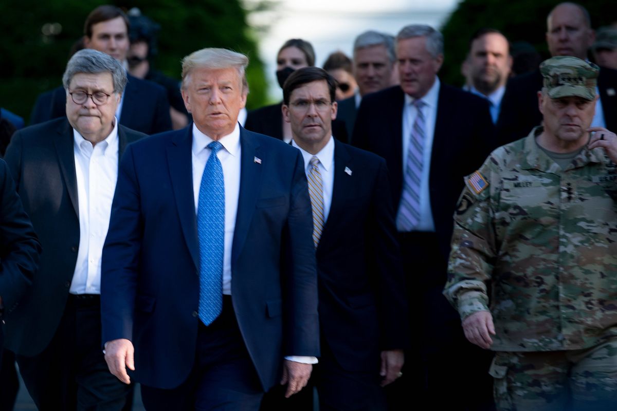 us president donald trump walks with us attorney general william barr l, us secretary of defense mark t esper c, chairman of the joint chiefs of staff mark a milley r, and others from the white house to visit st john's church after the area was cleared of people protesting the death of george floyd june 1, 2020, in washington, dc   us president donald trump was due to make a televised address to the nation on monday after days of anti racism protests against police brutality that have erupted into violencethe white house announced that the president would make remarks imminently after he has been criticized for not publicly addressing in the crisis in recent days photo by brendan smialowski  afp photo by brendan smialowskiafp via getty images