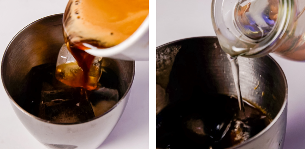 espresso and simple syrup being poured into a shaker