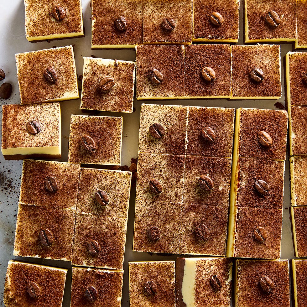 fudge topped with espresso powder and coffee beans