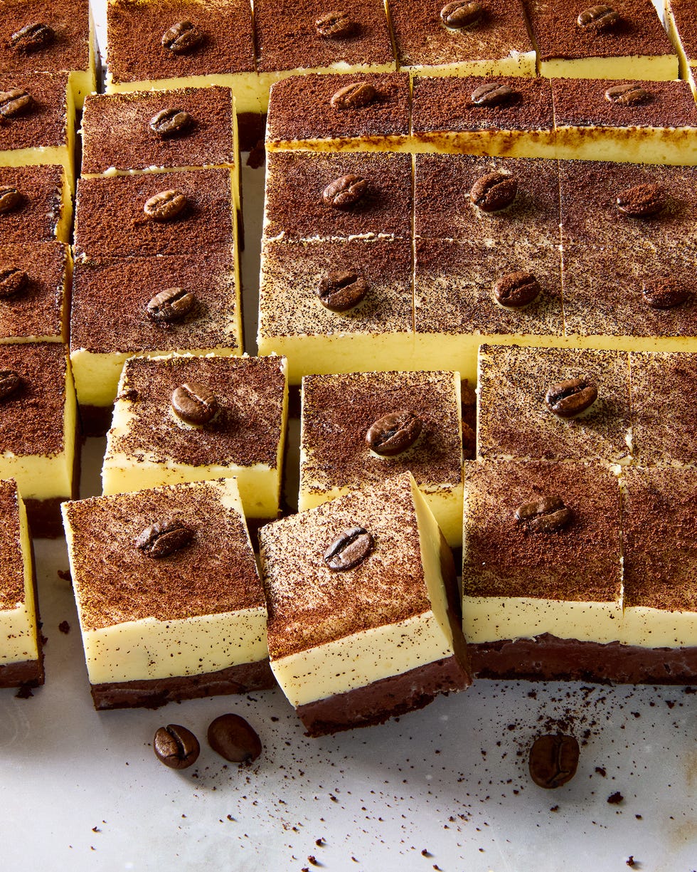 fudge topped with espresso powder and coffee beans