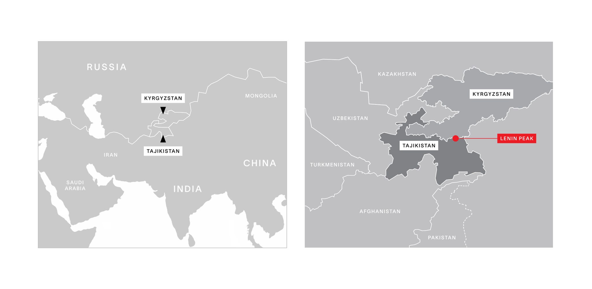 mappa che mostra le posizioni geografiche del Kirghizistan e del Tagikistan con un'enfasi sul picco di Lenin