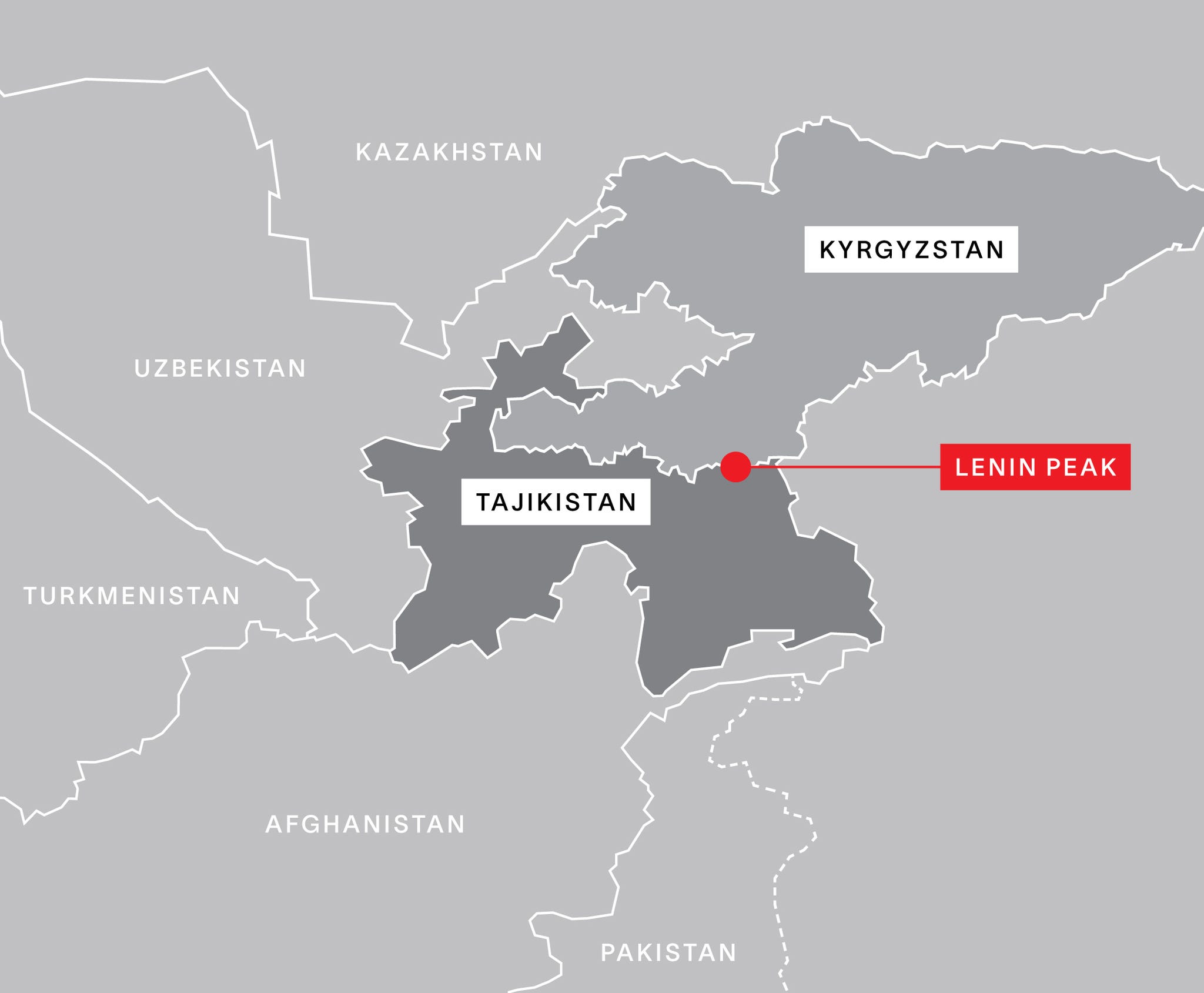 mappa che mostra le posizioni geografiche del Kirghizistan e del Tagikistan con un'enfasi sul picco di Lenin