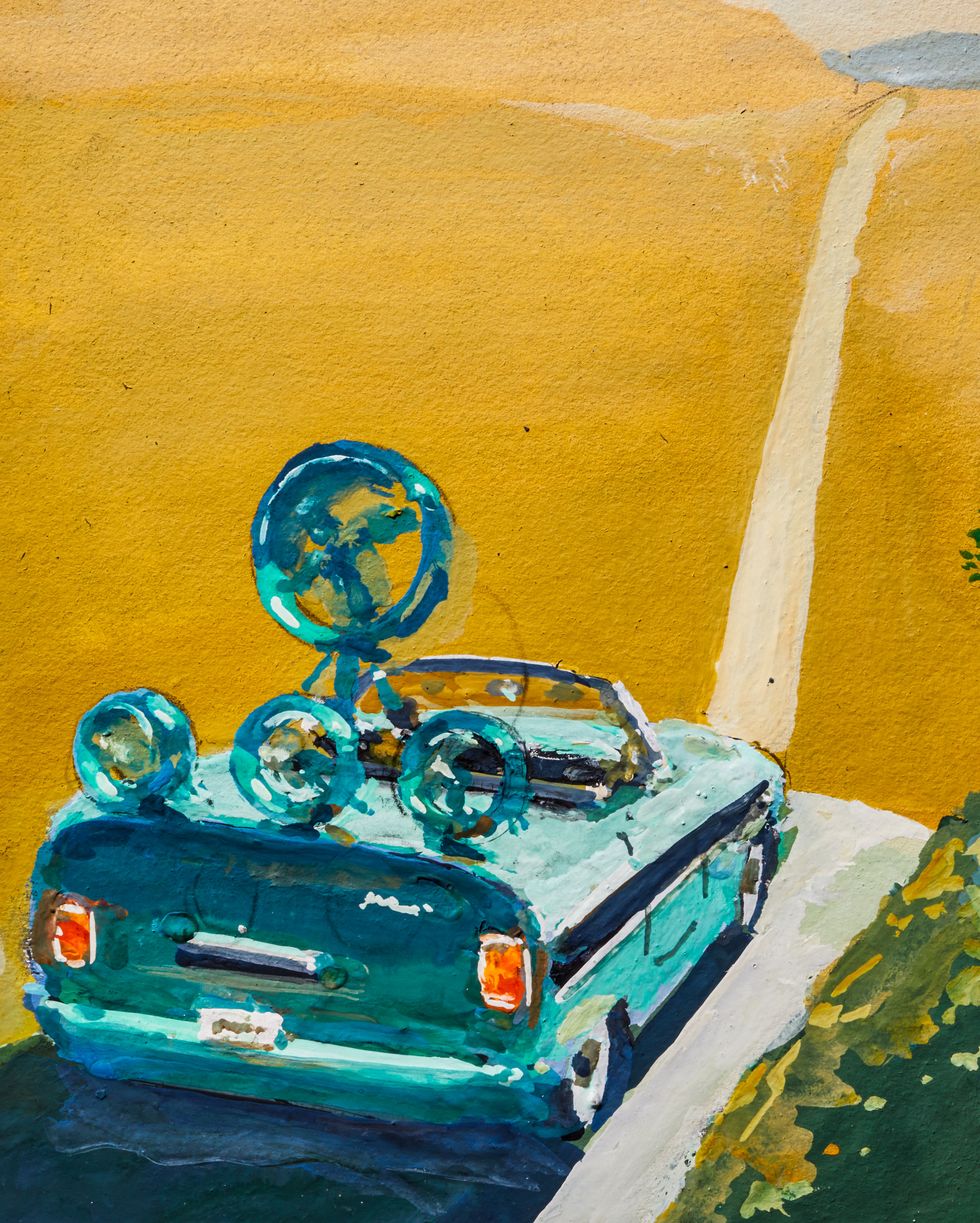 Blue, Painting, Yellow, Vehicle, Turquoise, Car, Illustration, Watercolor paint, Classic car, Still life, 