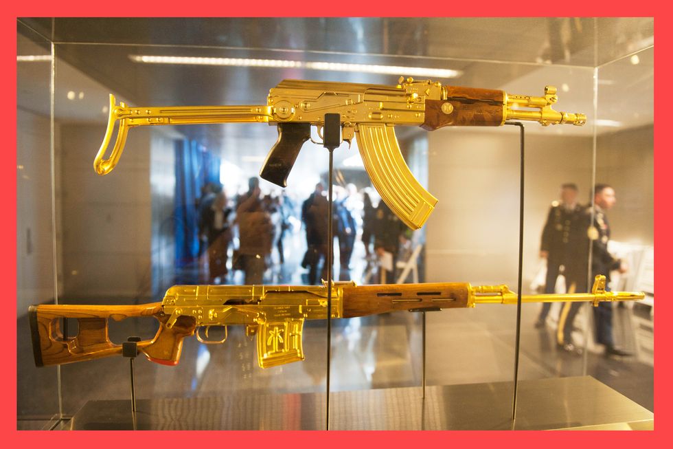 Gun, Display case, Yellow, Machine gun, Metal, 