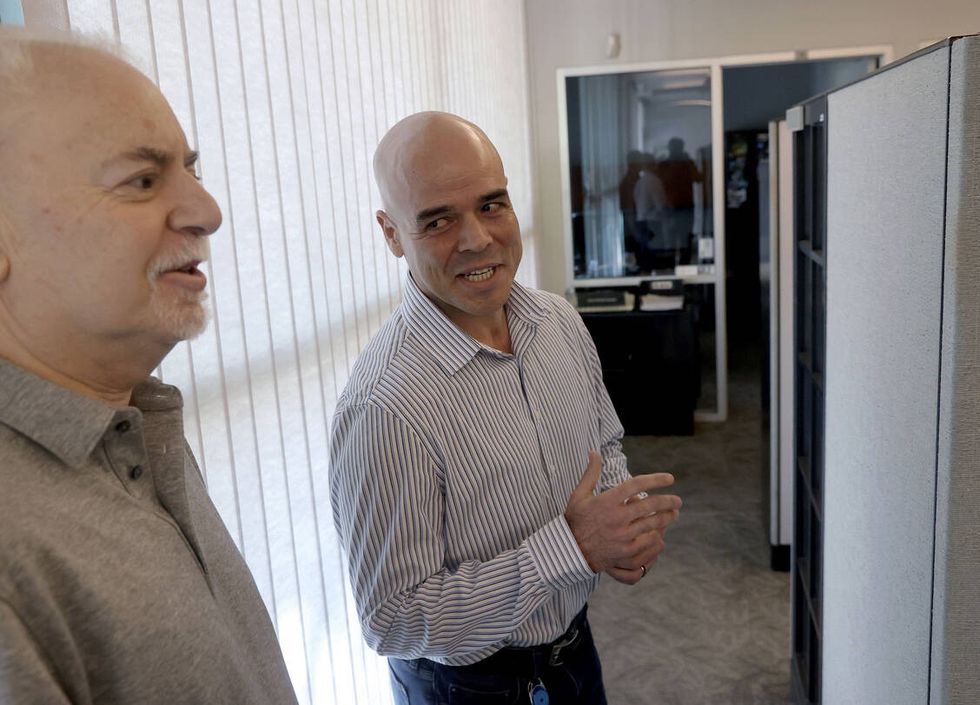 clark county public administrator robert telles, right, talks to las vegas review journal reporter jeff german in his las vegas office on may 11, 2022 km cannonlas vegas review journaltribune news service via getty images