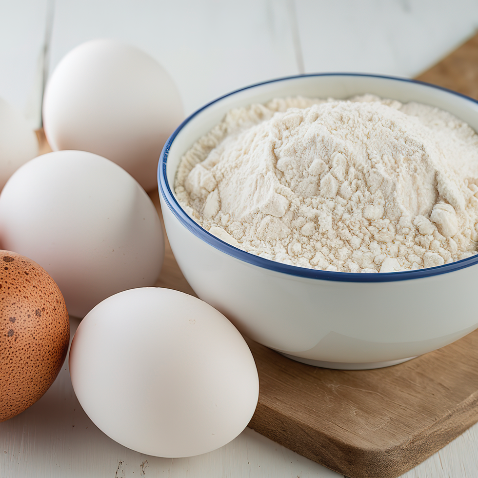 a photo of flour and fresh eggs for baking on a white background