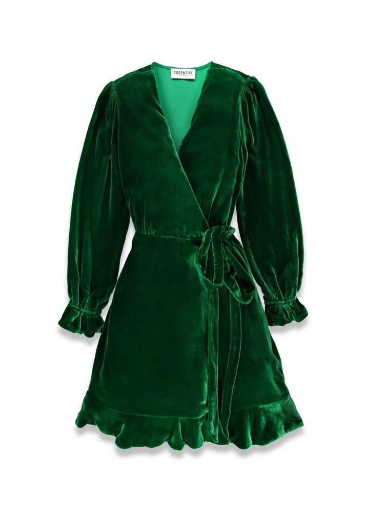 Clothing, Green, Sleeve, Outerwear, Robe, Dress, Velvet, Satin, Textile, Day dress, 
