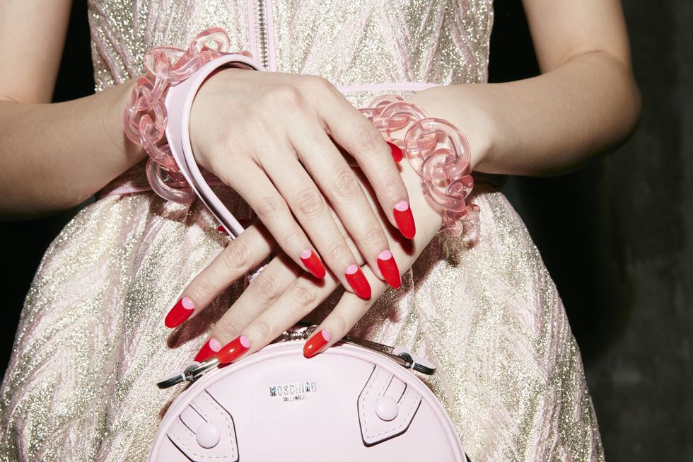 Red, Photograph, Nail, Hand, Wrist, Finger, Pink, Dress, Fashion accessory, Jewellery, 