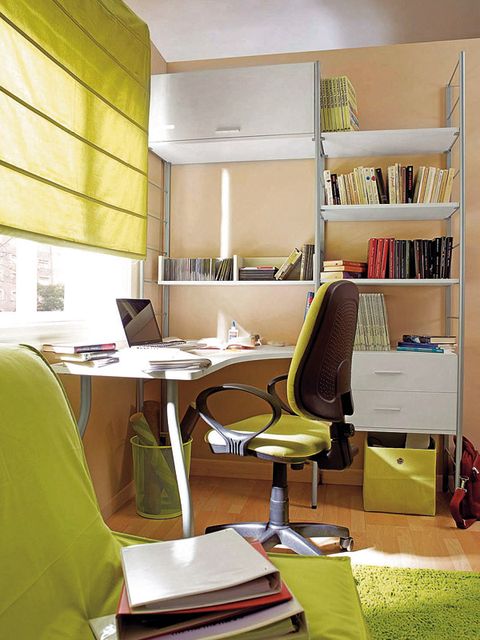 Room, Interior design, Office chair, Furniture, Shelf, Table, Computer desk, Shelving, Office equipment, Chair, 