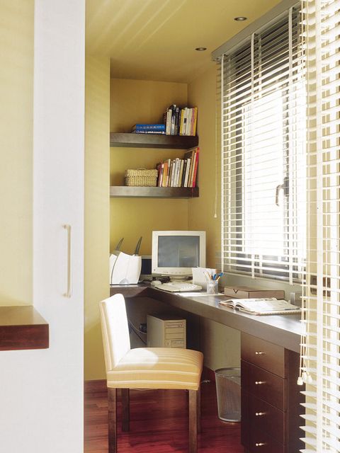 Room, Wood, Interior design, Table, Computer desk, Furniture, Office equipment, Display device, Drawer, Desk, 