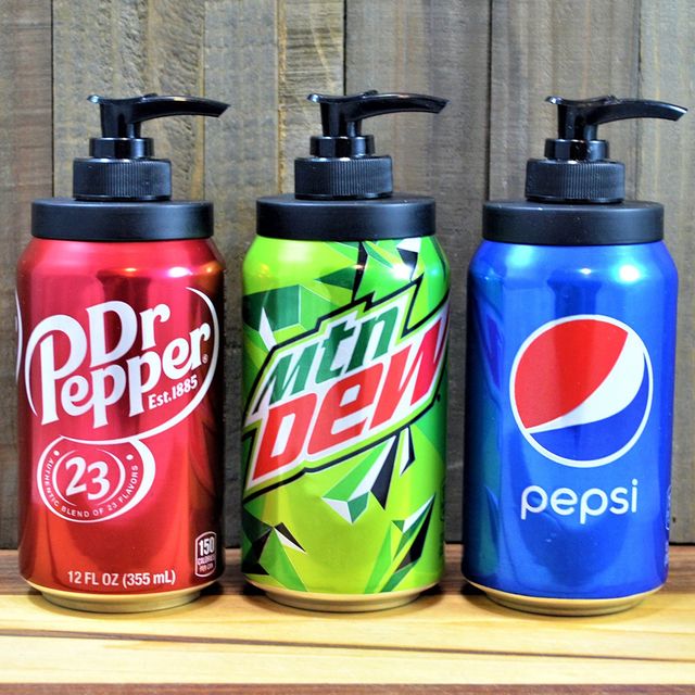 etsy dr pepper, mountain dew, and pepsi soda can soap dispensers