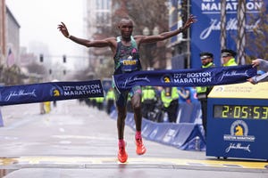 boston, massachusetts april 17 evans chebet of kenya crosses the finish line and takes first place in the professional mens division during the 127th boston marathon on april 17, 2023 in boston, massachusetts photo by maddie meyergetty images