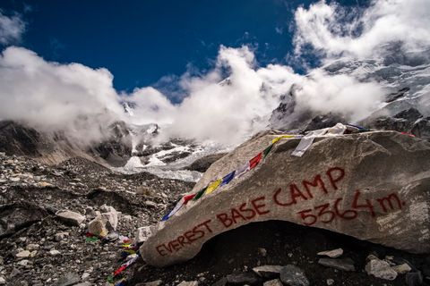 Everest Base Camp 5364 m, written on a big rock on Khumbu...