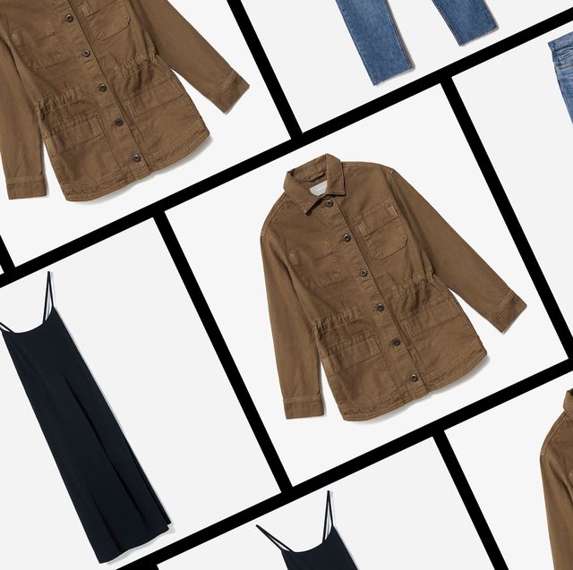 a grid composition of everlane dresses, jackets, jeans, and sweaters available during the everlane winter sale 2021