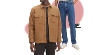 casual clothing ensemble featuring a brown shirt jacket and blue jeans