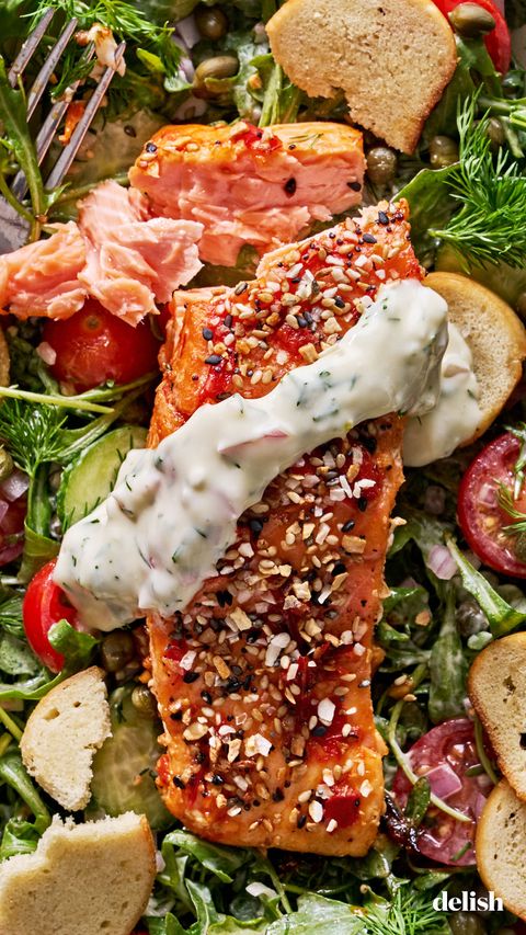 everything bagel crusted salmon with bagel chip salad and cream cheese dill dressing
