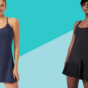 exercise dresses two woman standing in front of two blue triangles, one wearing a blue outdoor voices exercise dress and the other wearing a black spanx exercise dress