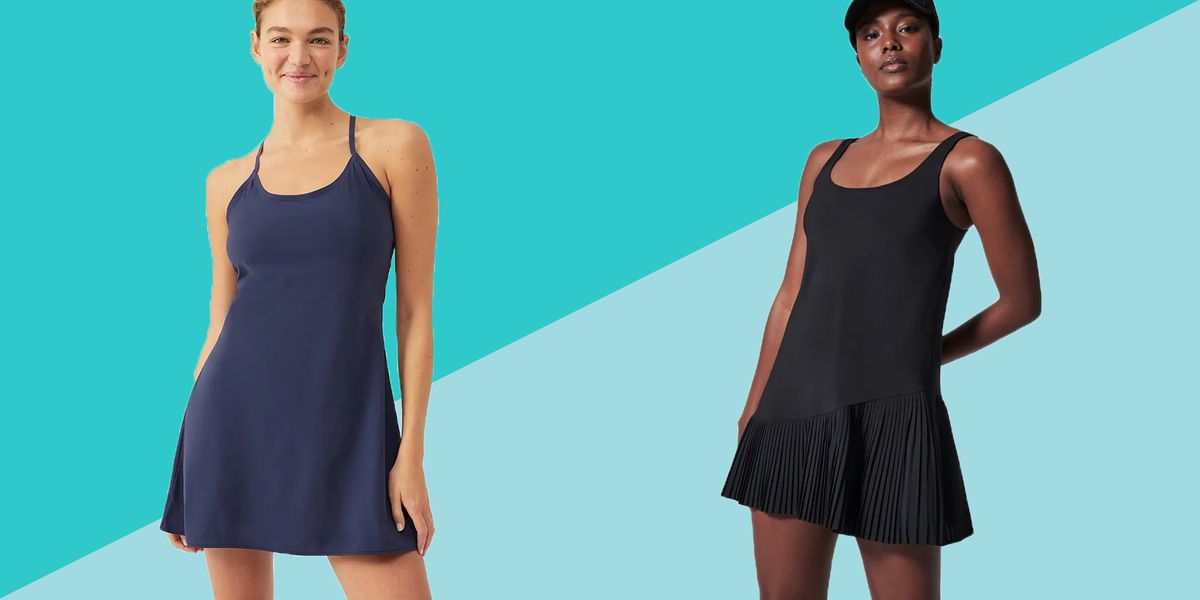 exercise dresses two woman standing in front of two blue triangles, one wearing a blue outdoor voices exercise dress and the other wearing a black spanx exercise dress