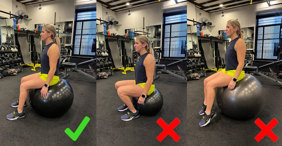 demonstration of proper and improper sitting posture on a stability ball