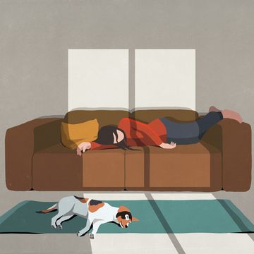 exhausted woman and dog sleeping on sofa and rug