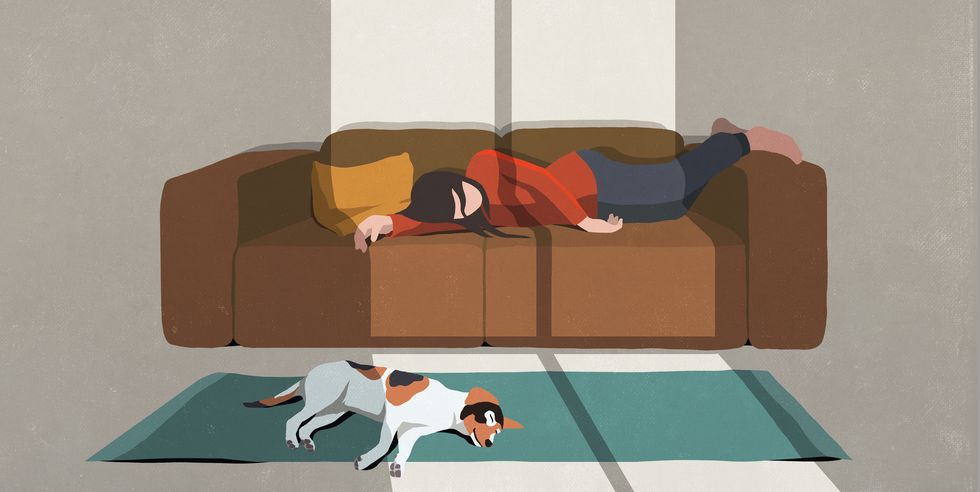 exhausted woman and dog sleeping on sofa and rug