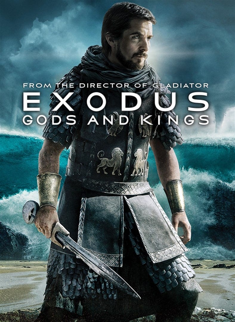 promotional poster for the movie exodus gods and kings featuring a warrior standing against a turbulent backdrop