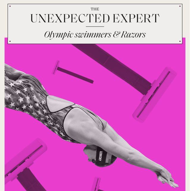pink graphic image of swimmer diving with razors in the background, text reads the unexpected expert olympic swimmers and razors
