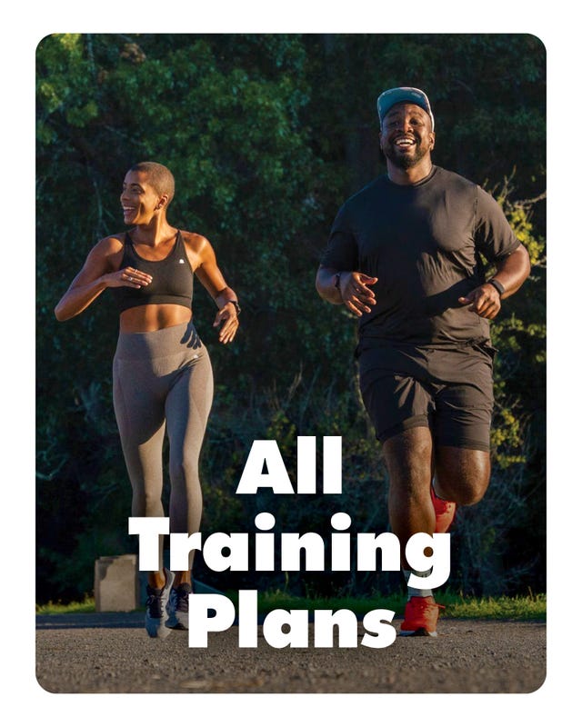 a promotional image for various training plans featuring two runners in motion