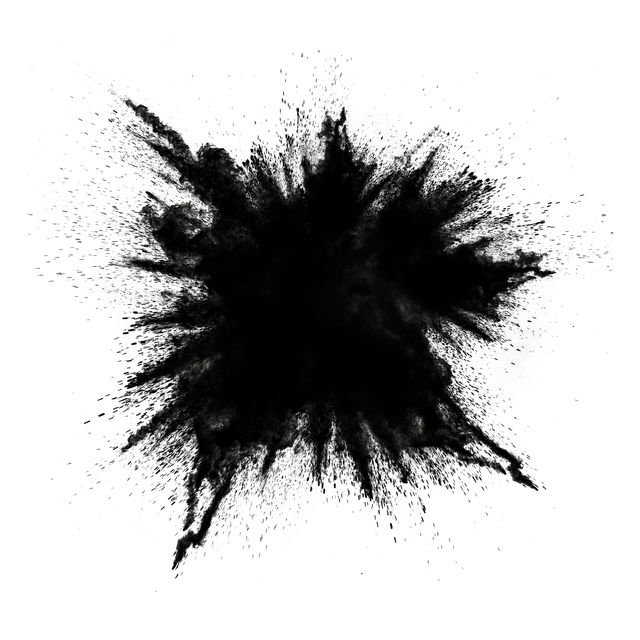 explosion of smoke and black powder on a white background