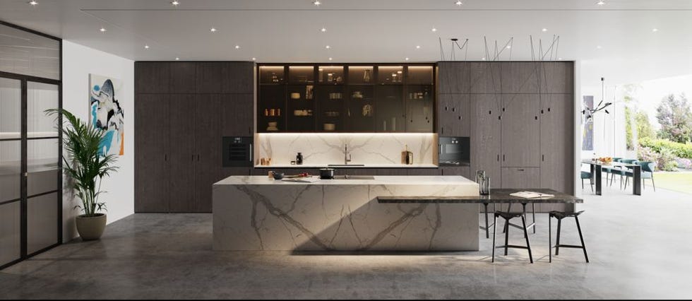 Kitchen with a ‘Bianco Statuario’ ceramic splashback and worktop by Laminam