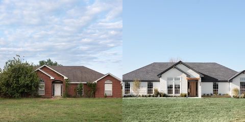 before and after exterior of the home from when it was red brick and covered in trees to the final white brick look with removed landscaping