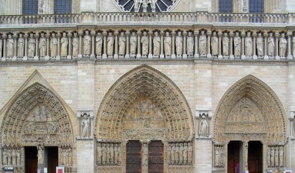 Exterior facade of the Cathedral of Notre Dame, Paris, France...