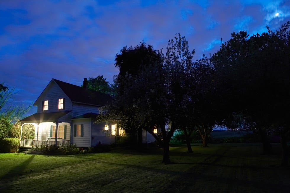 exterior farm house front yard, dusk