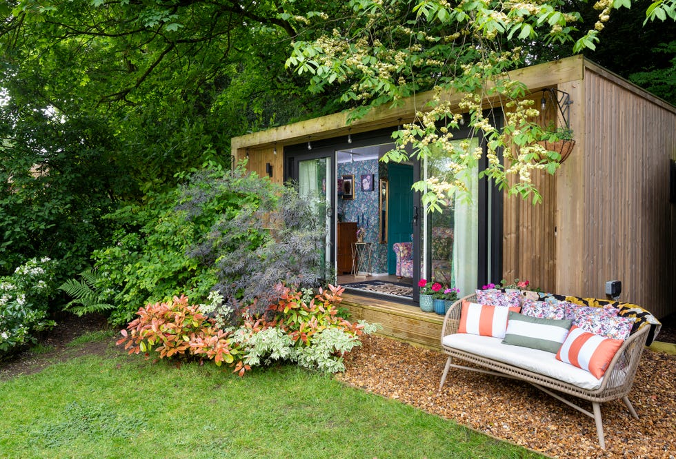 Exterior view of a garden room with maximalist interior