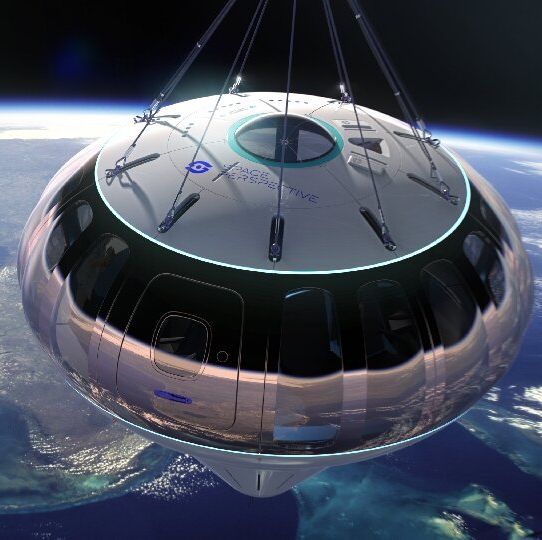 space perspectives illustration of the neptune capsule floating above earth