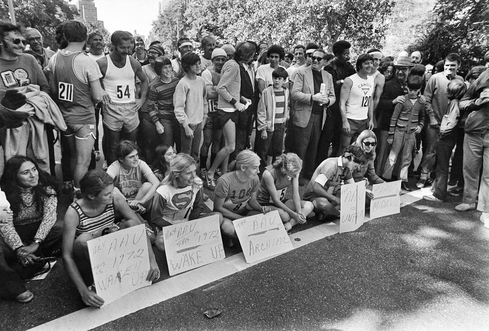 file six women sit to protest an attempt to separate them from the male runners at the new york city marathon, oct 1, 1972 women had been banned from road races since 1961 but for years had made their way into the field, surreptitiously or otherwise told to start 10 minutes before the men, here the six women waited 10 minutes then began running patrick a burnsthe new york times  redux  eyevine please agree fees before use special rates may apply for further information please contact eyevine tel 44 0 20 8709 8709 e mail infoeyevinecom wwweyevinecom