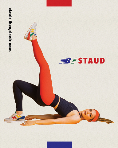 a model wears staud new balance collaboration headband, crop top, leggings, and sneakers in a retro style athleticwear ad