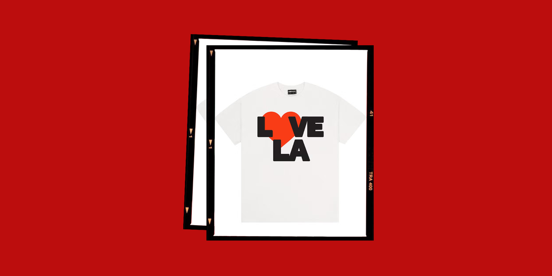 Graphic t-shirt design featuring 'LOVE LA' with a heart symbol.