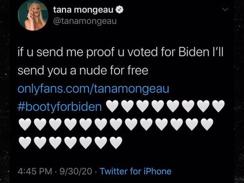 a screengrab of tana mongeau's tweet offering to send nudes to people voting for biden