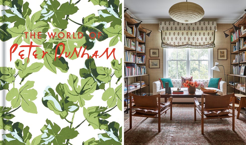 Book cover titled 'The World of Peter Dunham' featuring green leaves, alongside a cozy reading room.