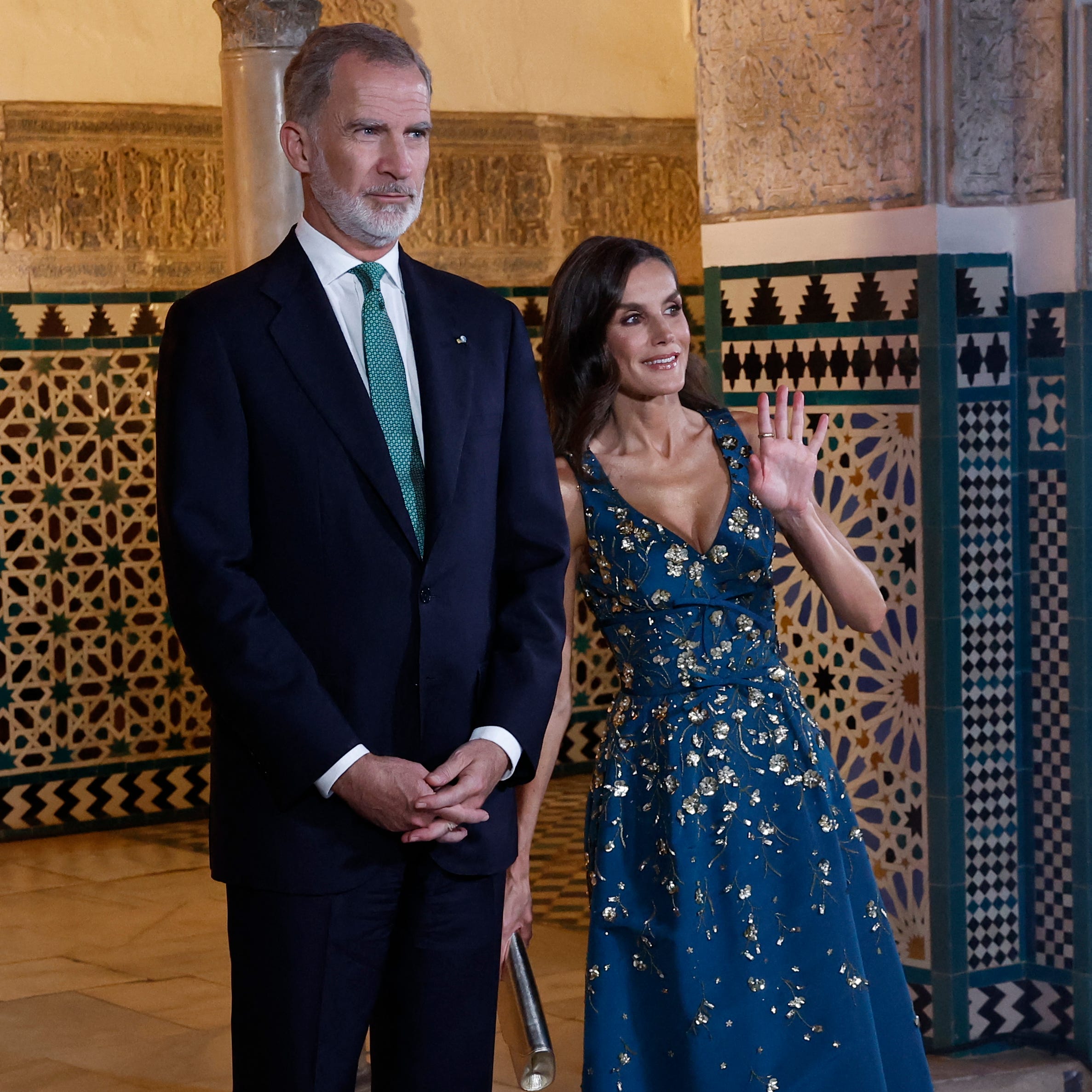 Queen Letizia Dazzles in an Embroidered Gown at a Banquet in Seville