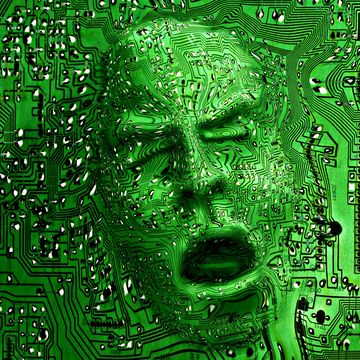 face emerging from circuit board digital composite