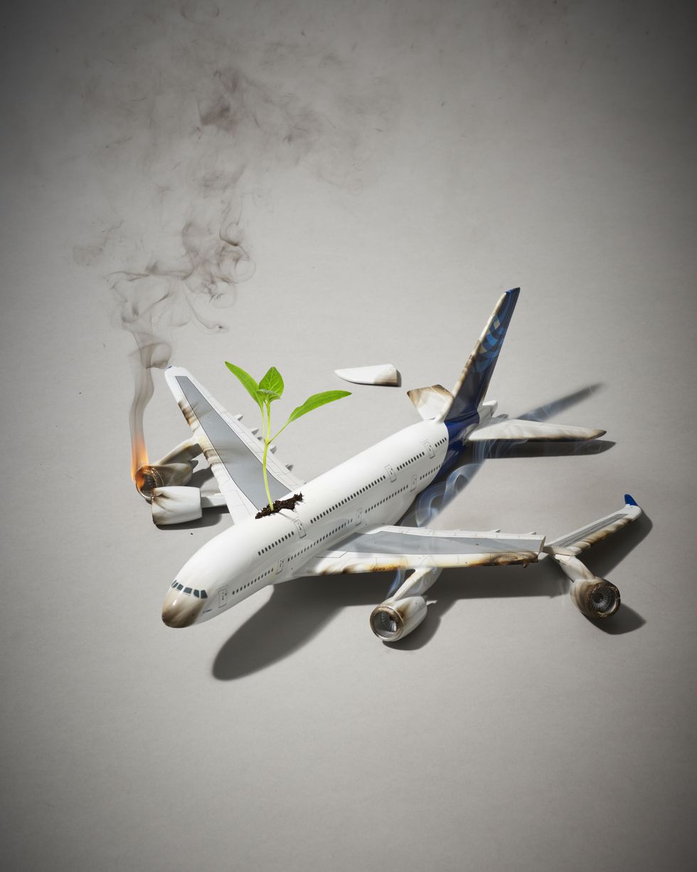 'donâ€™t let ideas that wonâ€™t fly crash your confidence' a small toy plane that has crashed, with a green plant growing out of the top and smoke coming from the wing