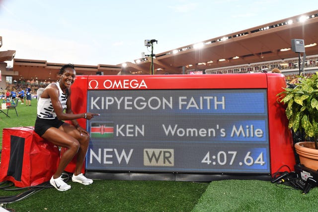 faith kipyegon, monaco, monaco july 21 faith kipyegon of the kenya celebrates the new word record of womens mile during diamond league at stade louis ii on july 21, 2023 in monaco, monaco photo by valerio pennicinogetty images