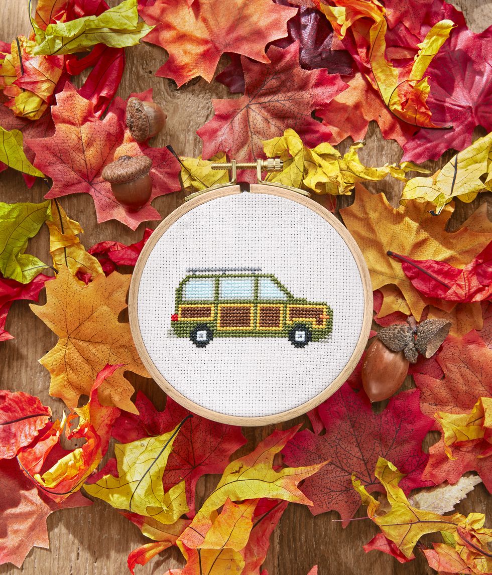 station wagon car cross stitch project you can do for a fall activity