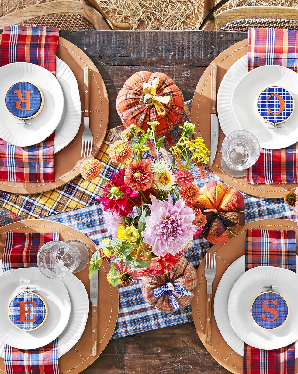 personalized plaid place settings in a fall tablescape