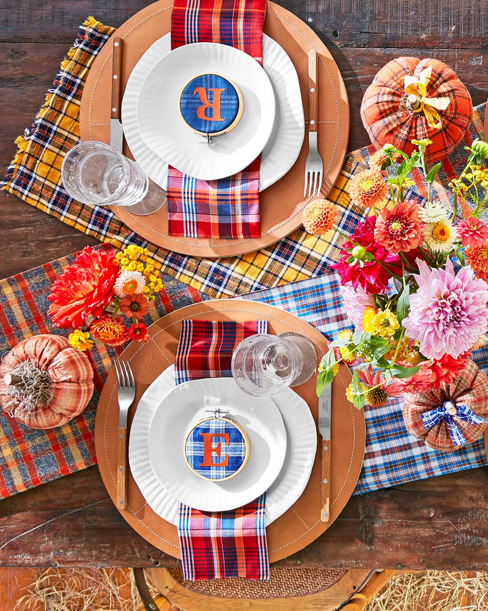 personalized plaid place settings in a fall tablescape