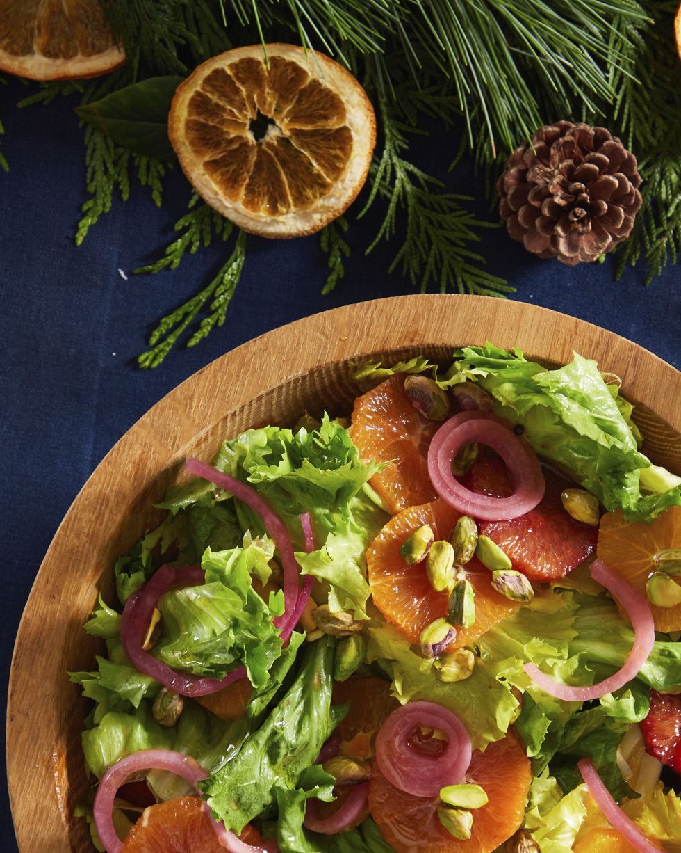 escarole salad with oranges, pistachios, and pickled onions