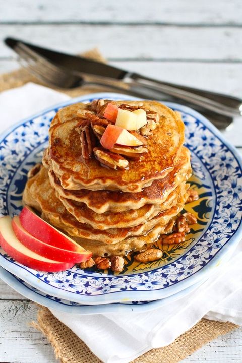 apple spice pancakes with red apples and nuts